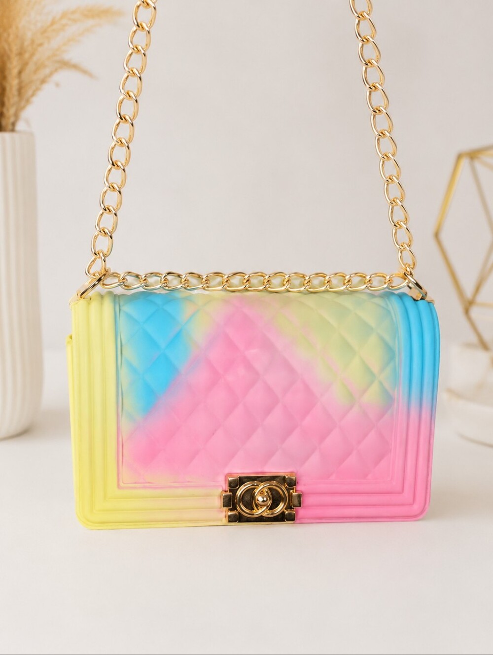 Women's quilted jelly crossbody bag pastel rainbow-colored chain hardware